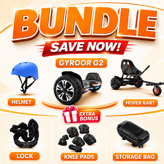 Product bundle offer with helmet, hoverboard, go-kart, lock, knee pads, and storage bag on a beige background.