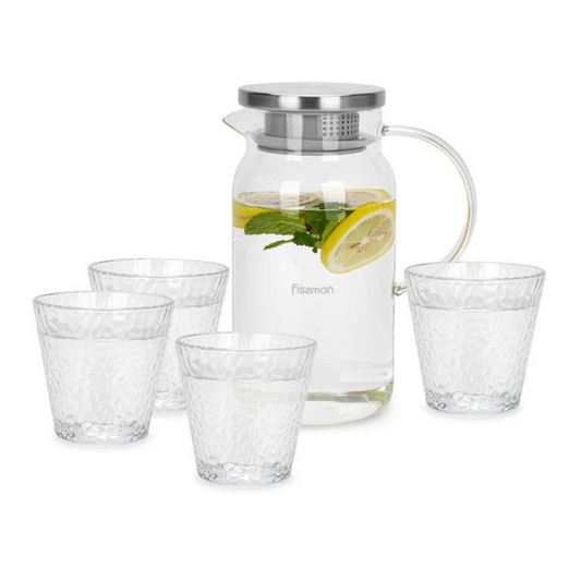 Jug 1400ml With Four Glasses Drinking Set Borosilicate Glass - Fissman Australia