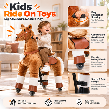 Brown ride on horse toy features: easy handlebar steering, comfy saddle, smooth wheels and sturdy frame