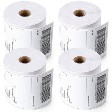 Direct thermal label roll close-up showing perforated peel-and-stick adhesive backing