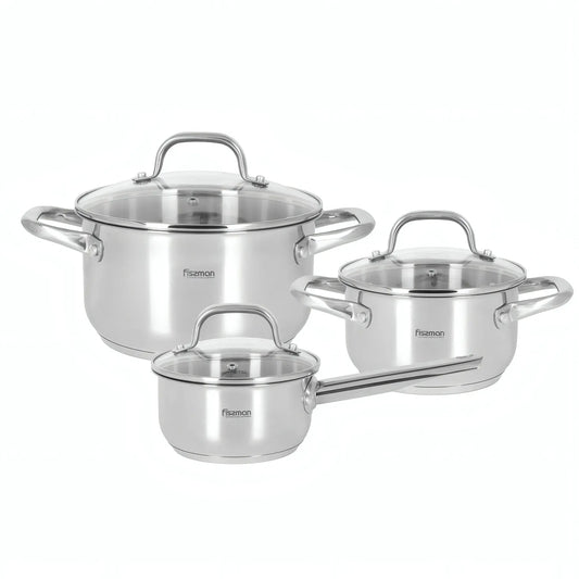 Casserole Cookware Set - 6 pcs with Glass Lids (Stainless Steel) - FLORY Series
