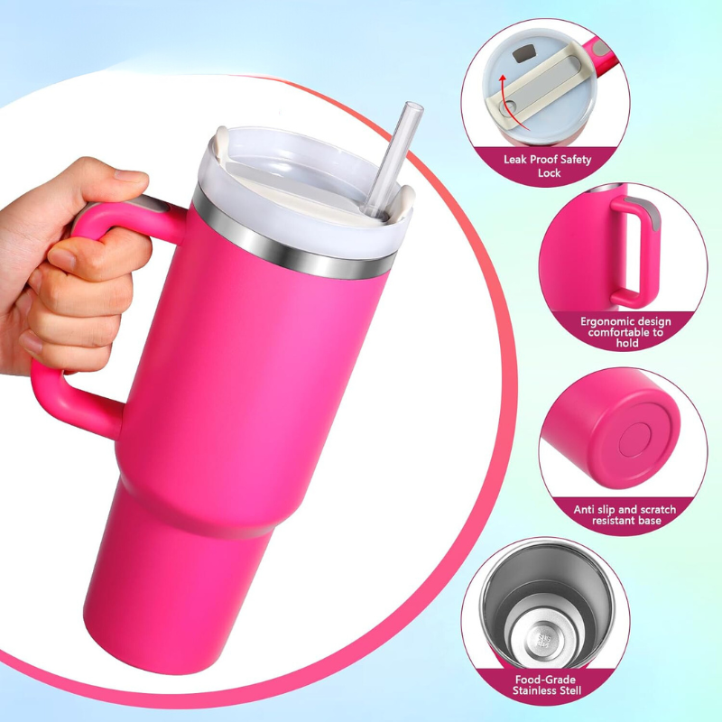 Double Wall Stainless Steel 1.18L/40oz Tumbler with Flip Open Lid and Straw - AHA SUPERSTORE