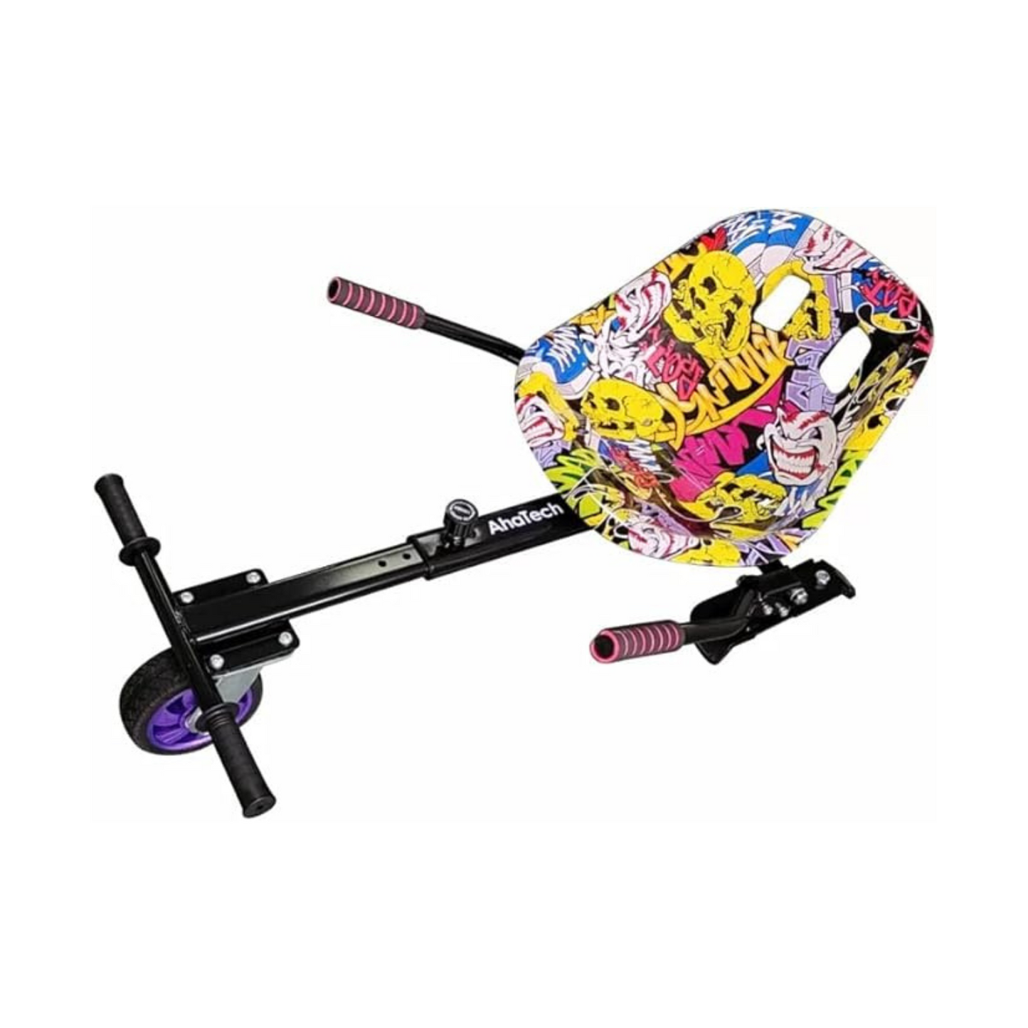 A hover kart with a multi-coloured graffiti seat.