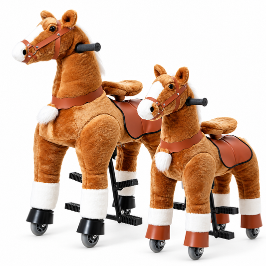 Brown ride on horse pony toys in Medium and Small sizes with saddles, foot pedals and wheels