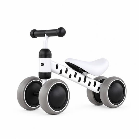 Black and white zebra 4-wheel toddler balance bike with wide quiet wheels