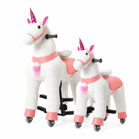 Ride on unicorn horse toys in Medium and Small sizes with pink saddles, foot pedals and wheels