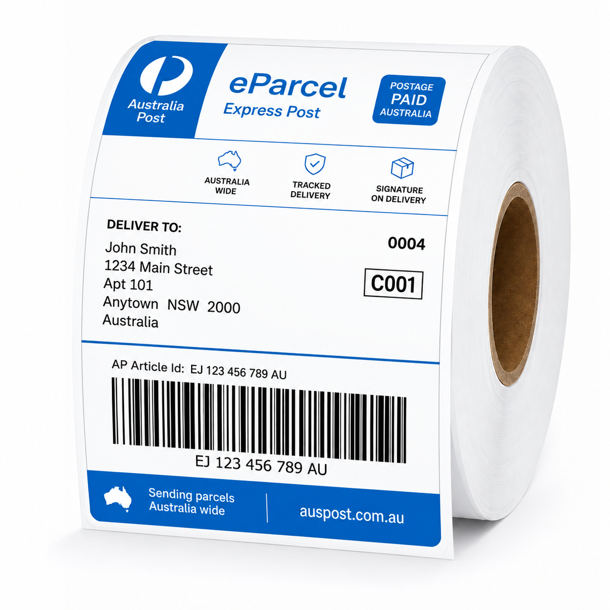 Direct thermal shipping label roll, 4x6" (100x150mm), 500 labels — shown with AusPost eParcel Express Post label sample and barcode