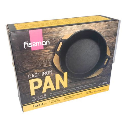 Cast Iron Pan 18cm With Two Side Handles On Wooden Sizzling Plate Tray