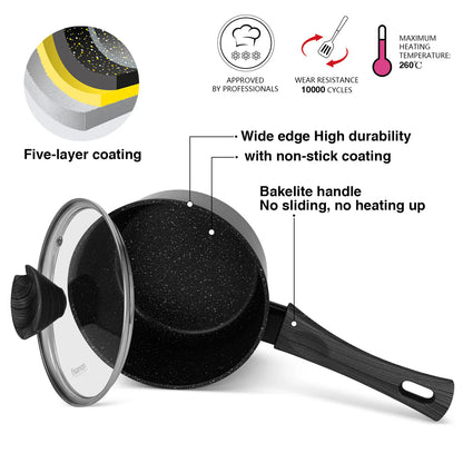 Saucepan 16x8 cm / 1.39 LTR with Glass Lid and Induction Bottom (Aluminium with Non-stick Coating) - ANGELA Series