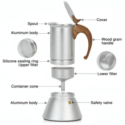 Coffee Maker 300ml For 6 Cups Pressed Aluminium Wooden Handle And Knob