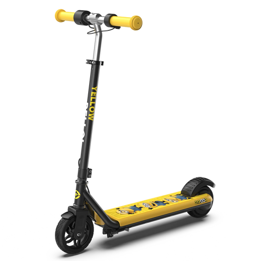 Yellow and black scooter with handlebar covers on a white background