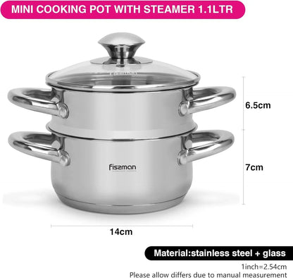 Mini Cooking Pot GULLIVER 14x7cm / 1.1 LTR with Steamer Inser 14x6.5cm