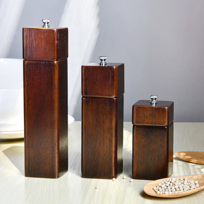Square Pepper mill 21.5 x 5cm Rubber wood body with zinc alloy grinder