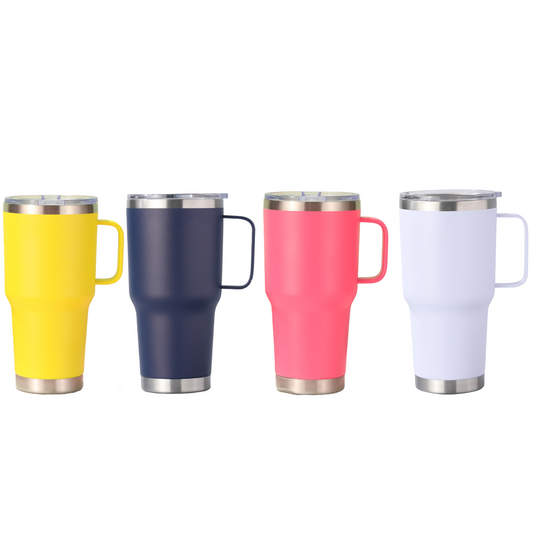 Four different coloured double Wall Stainless Steel 880mL/30oz Tumbler with Lid and Handle