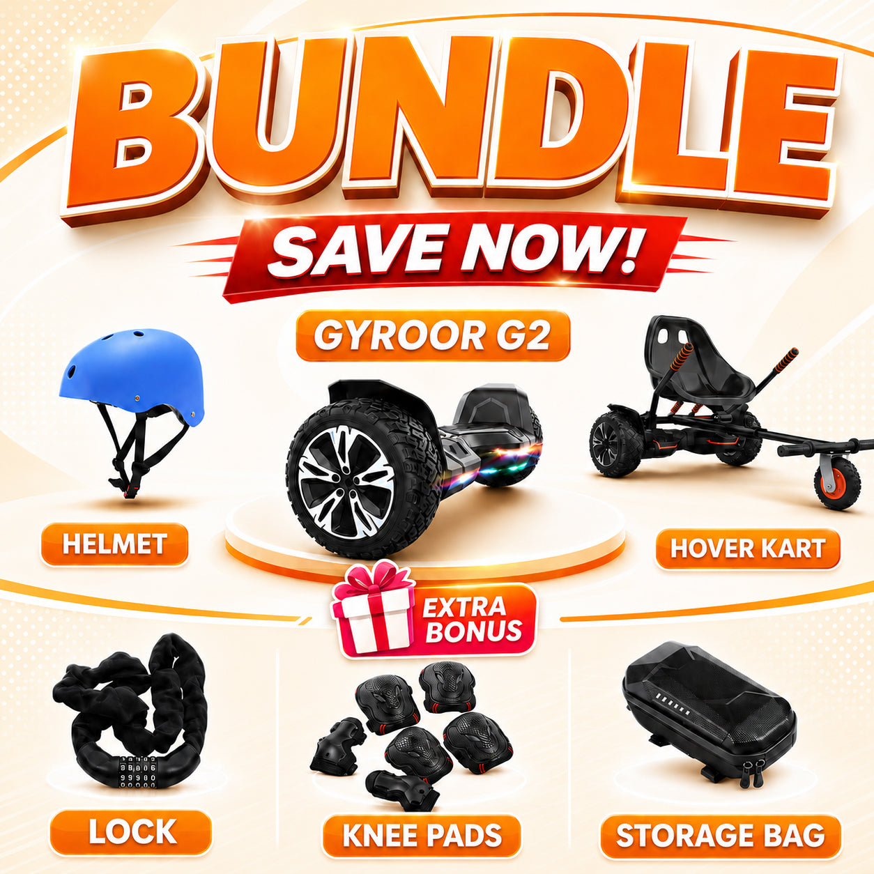 Product bundle offer with helmet, hoverboard, go-kart, lock, knee pads, and storage bag on a beige background.