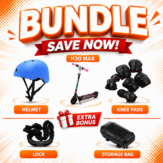 Promotional image of scooter accessories bundle with helmet, electric scooter, knee pads, lock, and storage bag on a white and orange background.