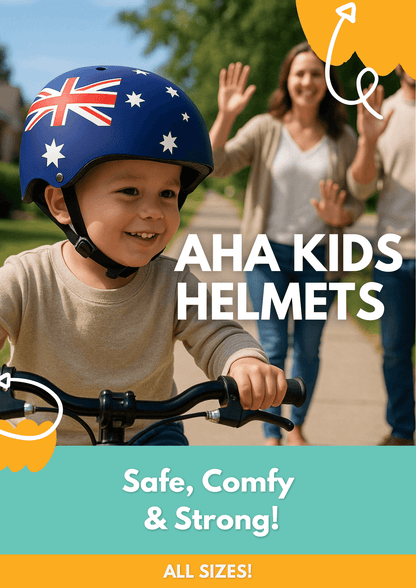 Child riding a bike wearing the AHA Australian flag kids helmet