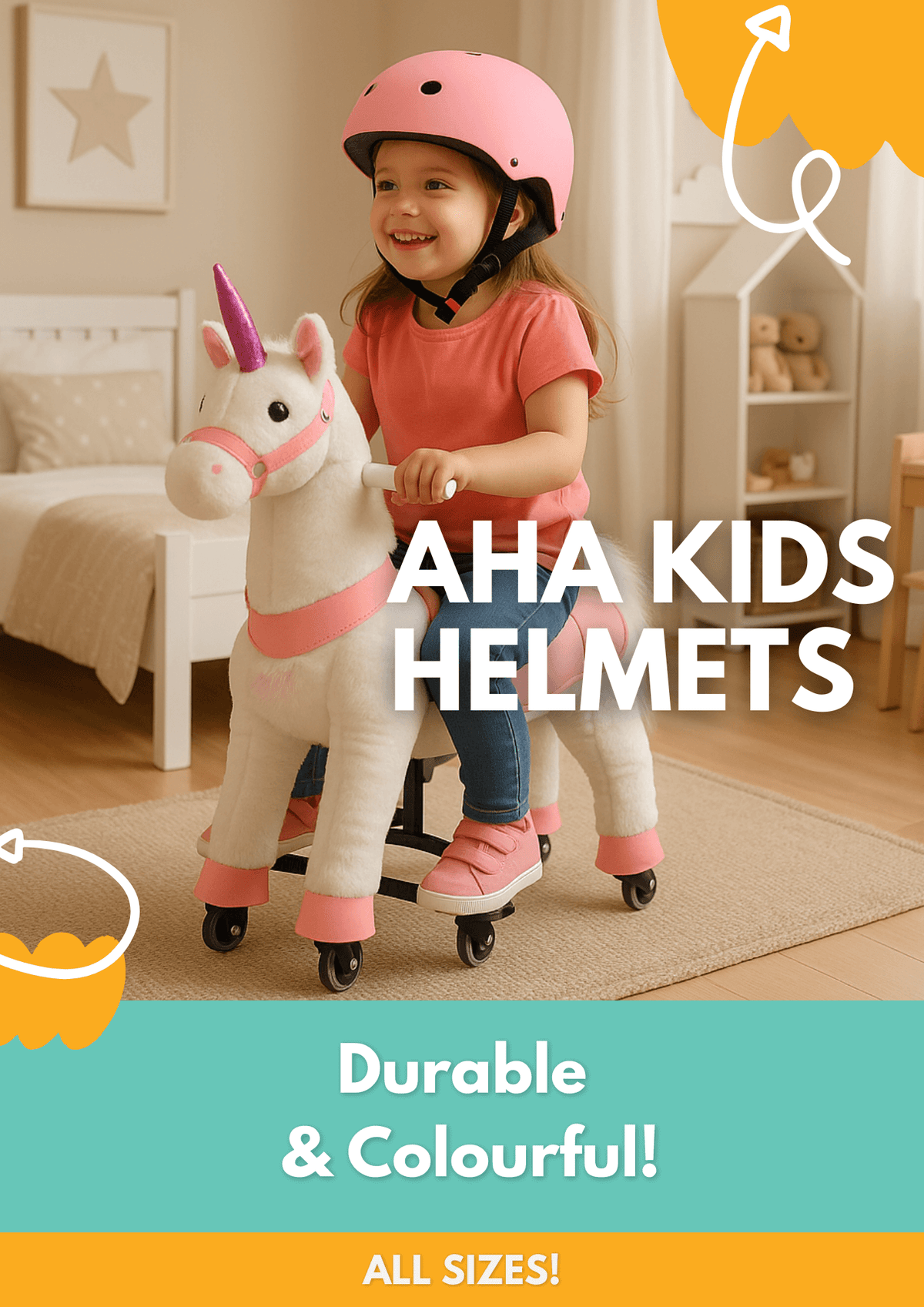 Girl wearing a pink AHA kids helmet on a ride-on unicorn