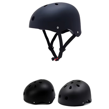 A black safety skate helmet for kids with ventilation holes and an adjustable chin strap