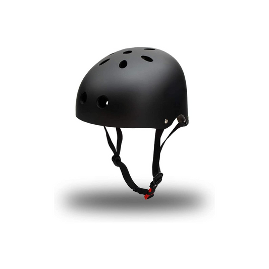 A black safety skate helmet for kids with ventilation holes and an adjustable chin strap