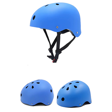 A blue safety skate helmet for kids with ventilation holes and an adjustable chin strap