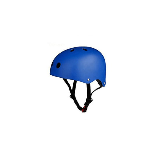 A blue safety skate helmet for kids with ventilation holes and an adjustable chin strap