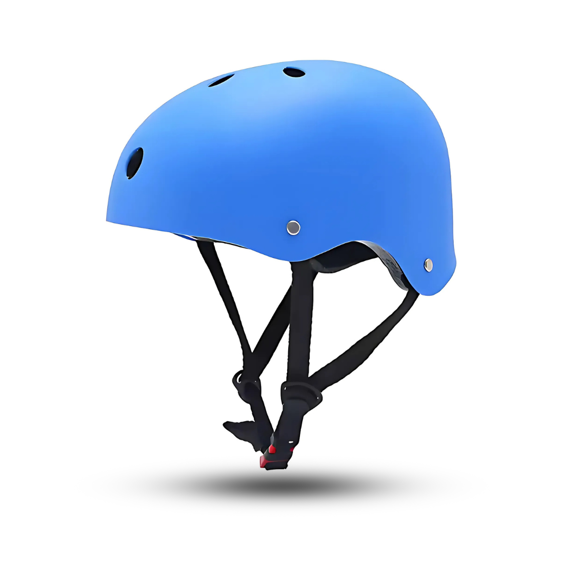 A blue safety skate helmet for kids with ventilation holes and an adjustable chin strap