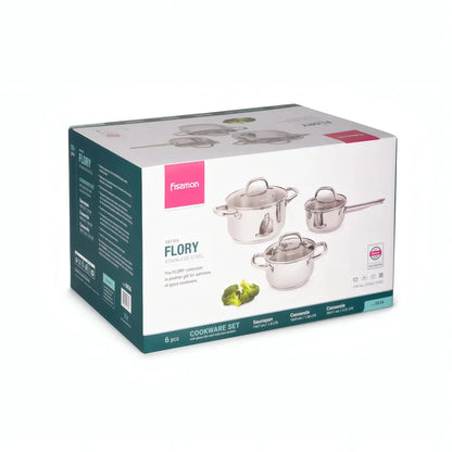 Casserole Cookware Set - 6 pcs with Glass Lids (Stainless Steel) - FLORY Series