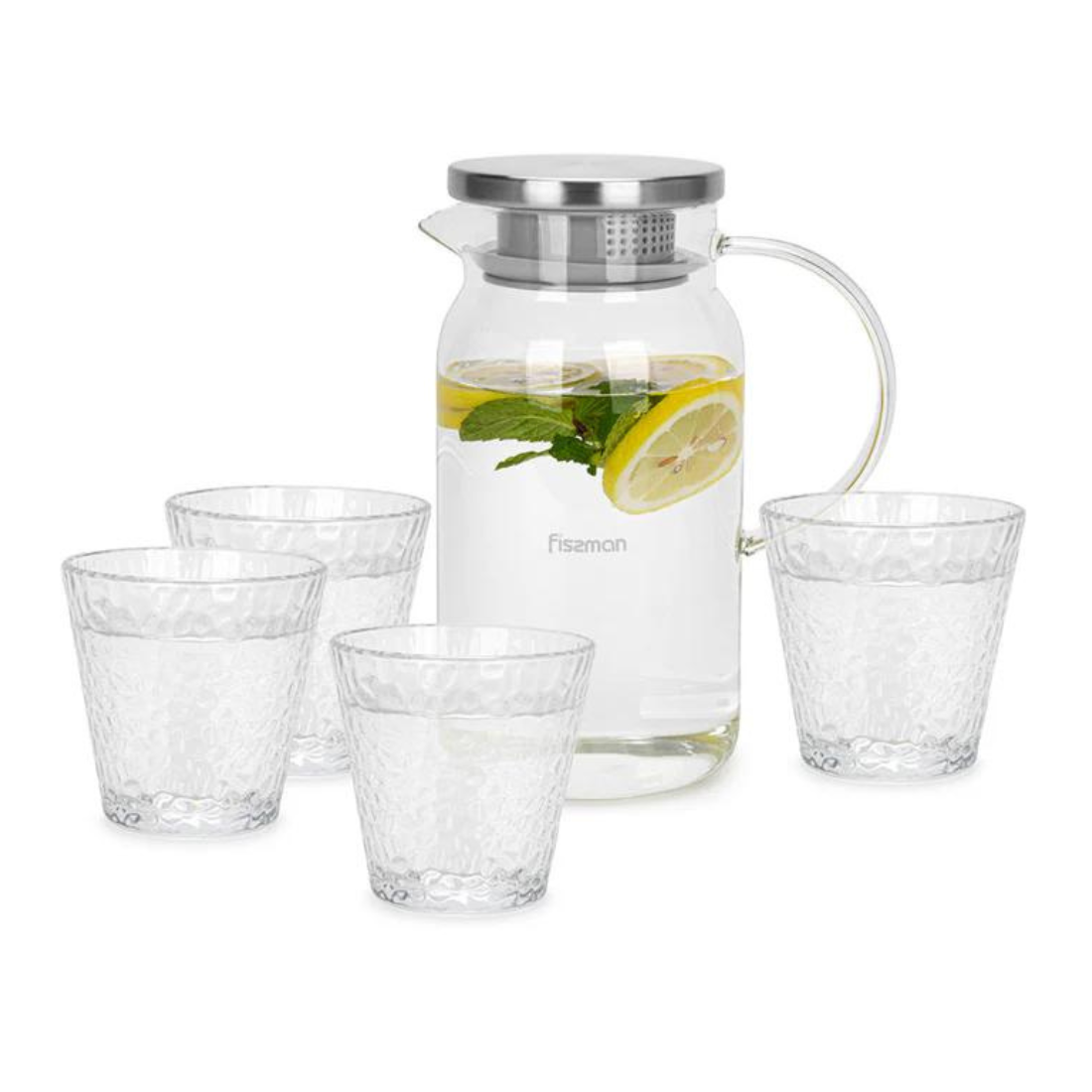 Jug 1400ml With Four Glasses Drinking Set Borosilicate Glass - Fissman Australia