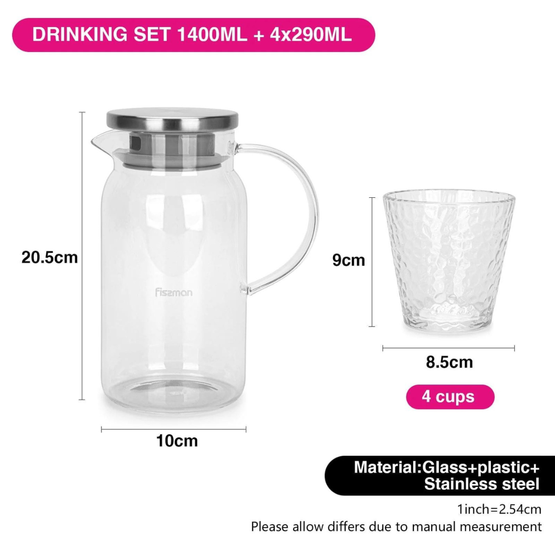 Jug 1400ml With Four Glasses Drinking Set Borosilicate Glass - Fissman Australia