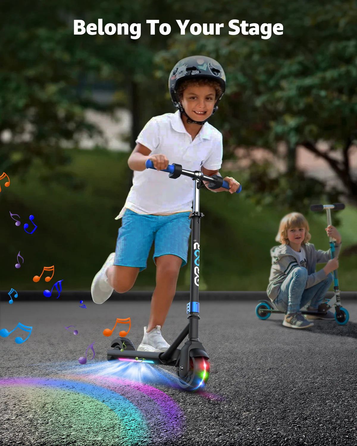 Boy riding a kids e-scooter with Bluetooth music speaker