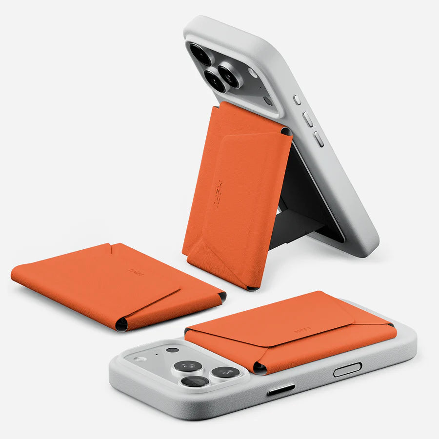 Orange phone case with stand and card holder on a white background