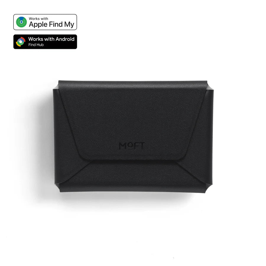 A black textured leather wallet case with the brand name 'MOFT' debossed on the front, shown on a white background with compatibility badges for Apple Find My and Android Find Hub in the top-left corner.