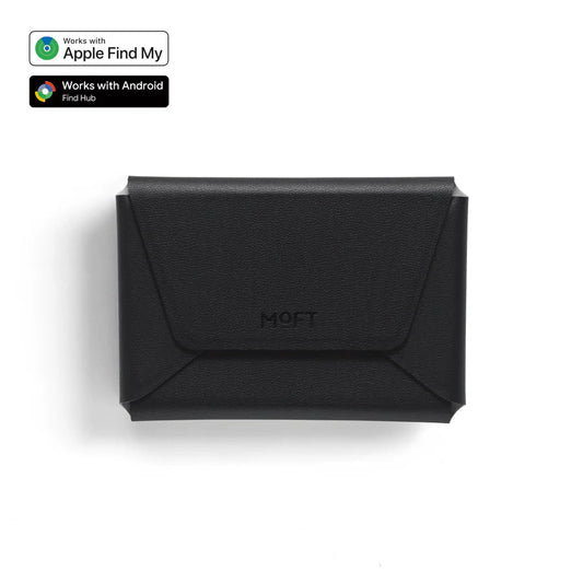 A black textured leather wallet case with the brand name 'MOFT' debossed on the front, shown on a white background with compatibility badges for Apple Find My and Android Find Hub in the top-left corner.