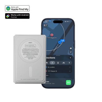 A white rectangular GPS tracking device shown next to a smartphone displaying a map app with location pins. The image includes Apple Find My and Android Find Hub compatibility badges at the top left. MOFT product