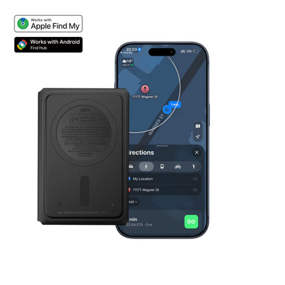 A black rectangular car audio amplifier shown alongside a smartphone displaying a navigation app, with Apple Find My and Android Find Hub badges in the top-left corner on a white background.