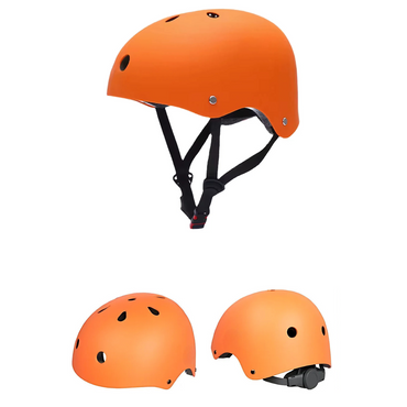 An orange safety skate helmet for kids with ventilation holes and an adjustable chin strap