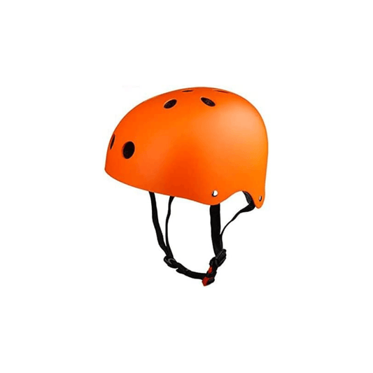 A orange safety skate helmet for kids with ventilation holes and an adjustable chin strap