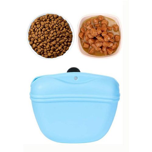 Travel Friendly Pet Treat Pouch - Silicone - Blue with food