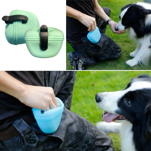 Travel Friendly Pet Treat Pouch - Silicone - Green and Blue, feeding a dog