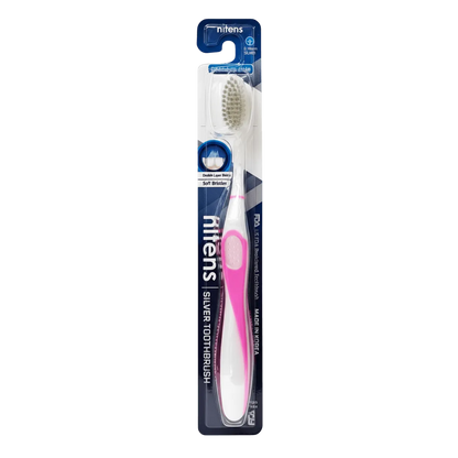 Nitens silver ion antibacterial toothbrush pink – soft bristles, gentle on gums, made in South Korea
