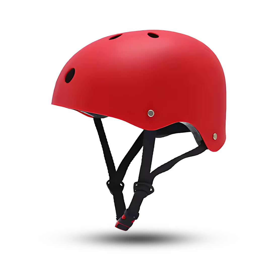 A red safety skate helmet for kids with ventilation holes and an adjustable chin strap