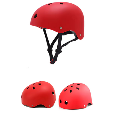 A red safety skate helmet for kids with ventilation holes and an adjustable chin strap