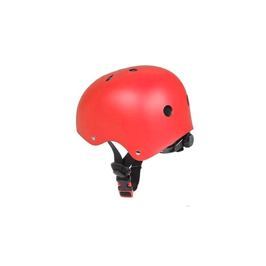 A red safety skate helmet for kids with ventilation holes and an adjustable chin strap