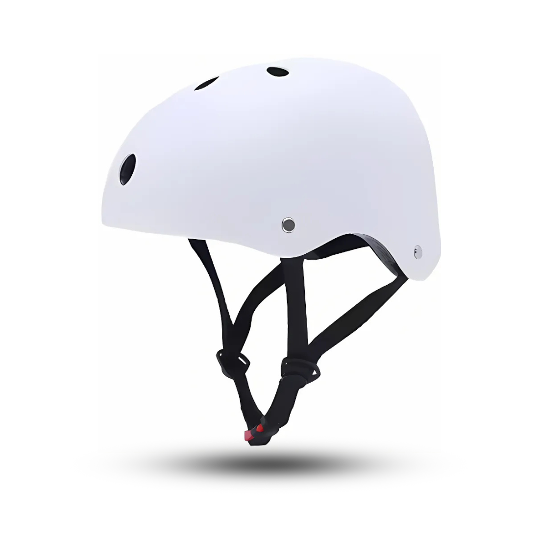 A white safety skate helmet for kids with ventilation holes and an adjustable chin strap