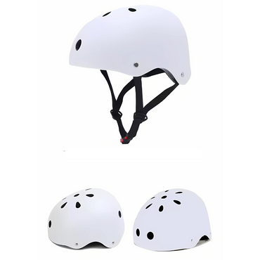 A white safety skate helmet for kids with ventilation holes and an adjustable chin strap