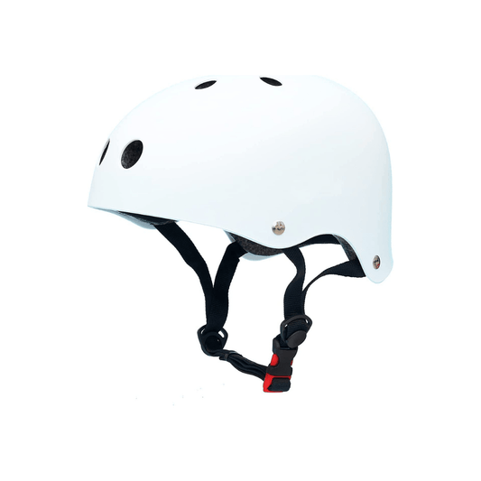 A white safety skate helmet for kids with ventilation holes and an adjustable chin strap