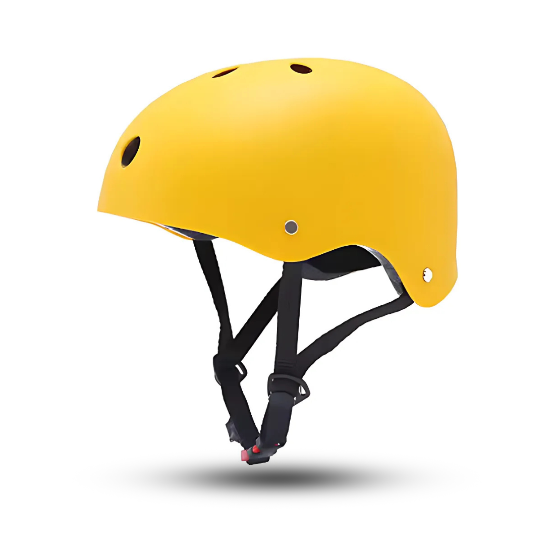 A yellow safety skate helmet for kids with ventilation holes and an adjustable chin strap