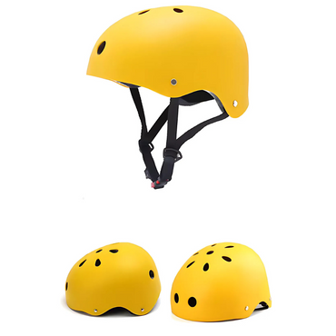 A yellow safety skate helmet for kids with ventilation holes and an adjustable chin strap