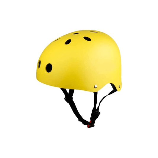 A yellow safety skate helmet for kids with ventilation holes and an adjustable chin strap